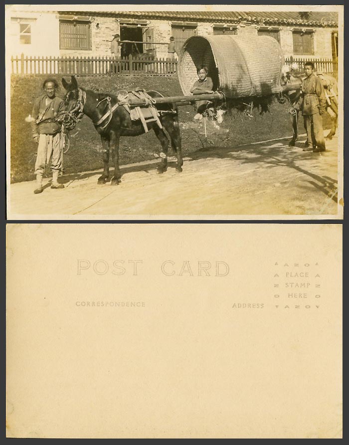 China Old RP Postcard Chinese Horse or Donkey Drawn Sedan Chair Cart Native Boys