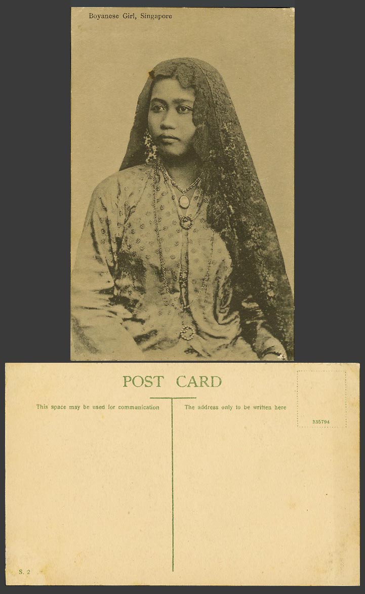 Singapore Old Postcard Boyanese Girl Lady Woman Silk Lace Headscarf Costumes S.2