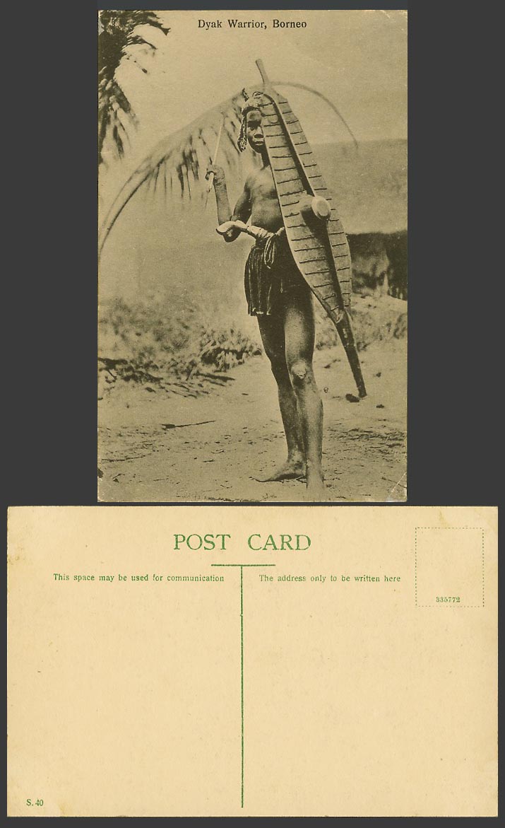 North Borneo Old Postcard Native Dyak Warrior Holding Spear and Shield, Costumes