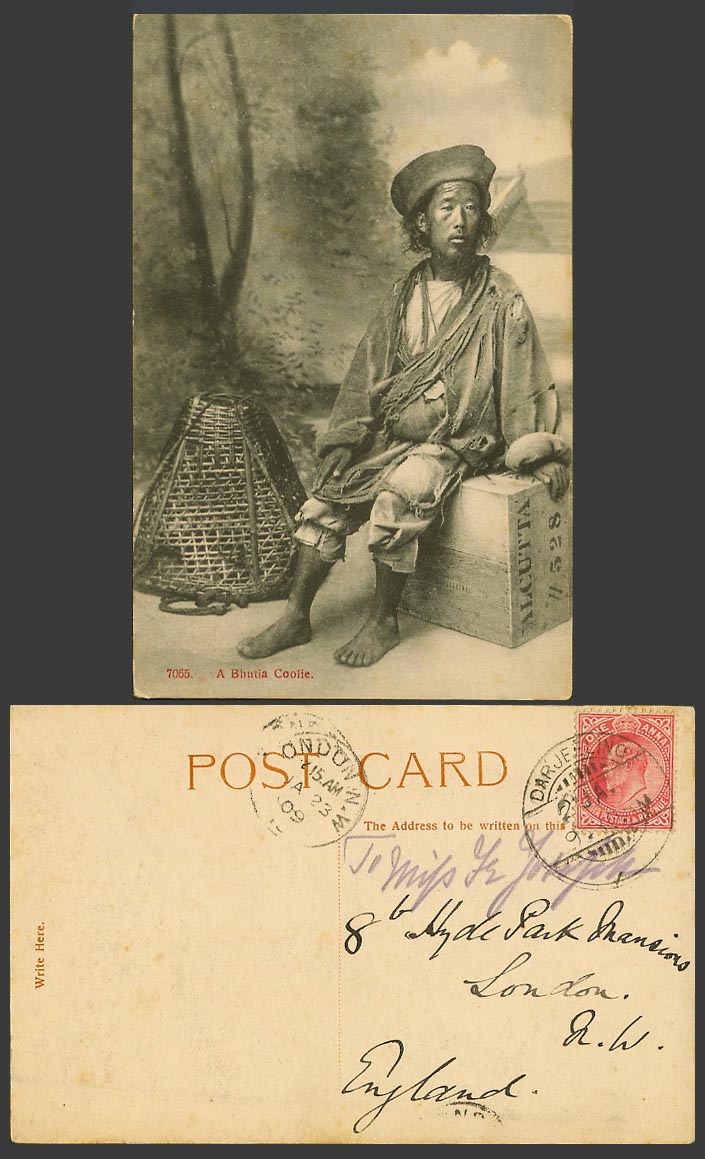 TIBET China India 1a. 1909 Old Postcard A Tibetan BHUTIA COOLIE Box Calcutta 528