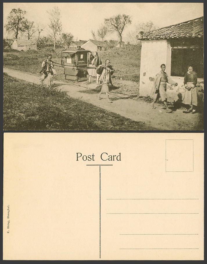 China Old Postcard Shanghai, Chinese Coolies Carrying Sedan Chair, Native Houses