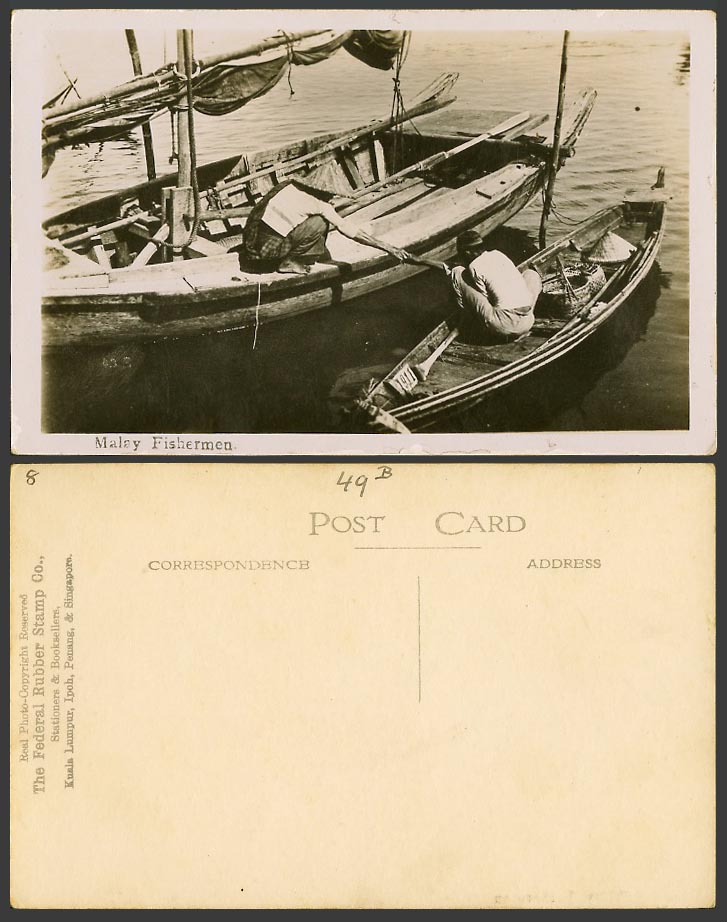 Straits Settlements Malay Fishermen, Fishing Boats Canoe Old Real Photo Postcard