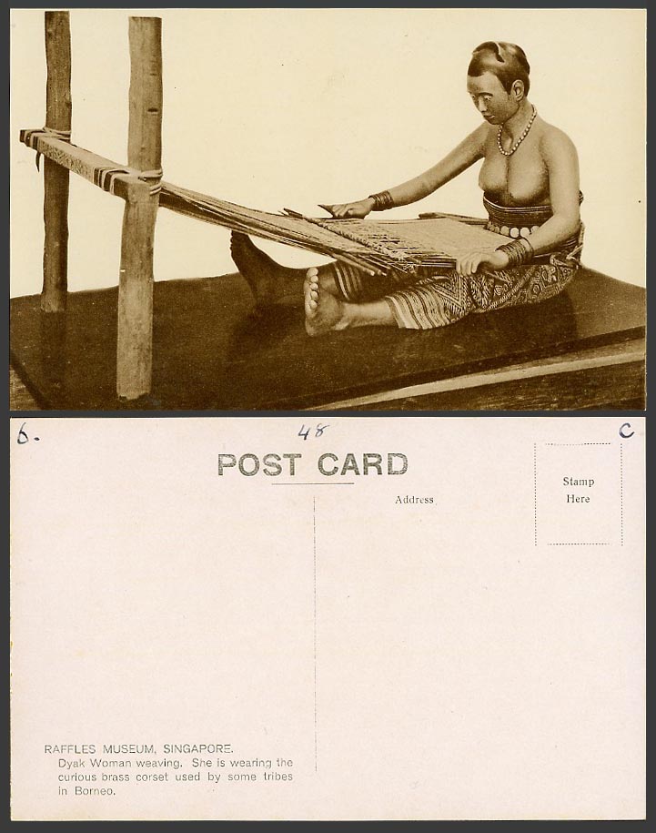 Singapore Old Postcard Raffles Museum Dyak Woman Weaving Brass Corset Borneo Trb