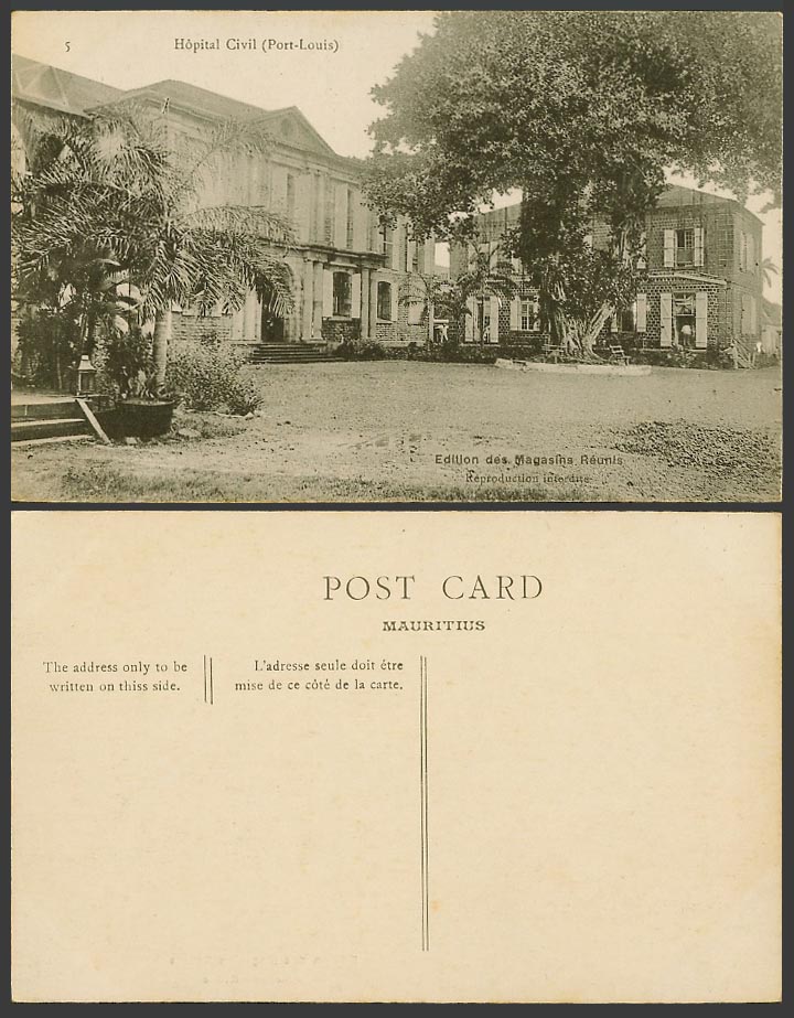 Mauritius Old Postcard Port Louis Hospital Hopital Civil Medical Ile Maurice N.5