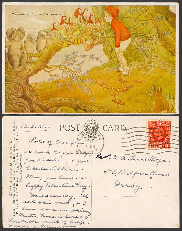 IRG Outhwaite 1936 Old Postcard Koala Kookaburra Potty Talks to Forest Creatures