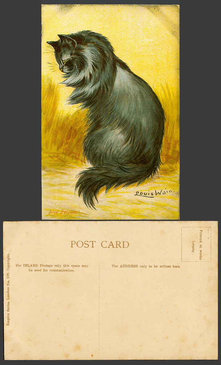 Louis Wain Artist Signed Cats Blue Persian Cat Kitten Old Colour Postcard No.196