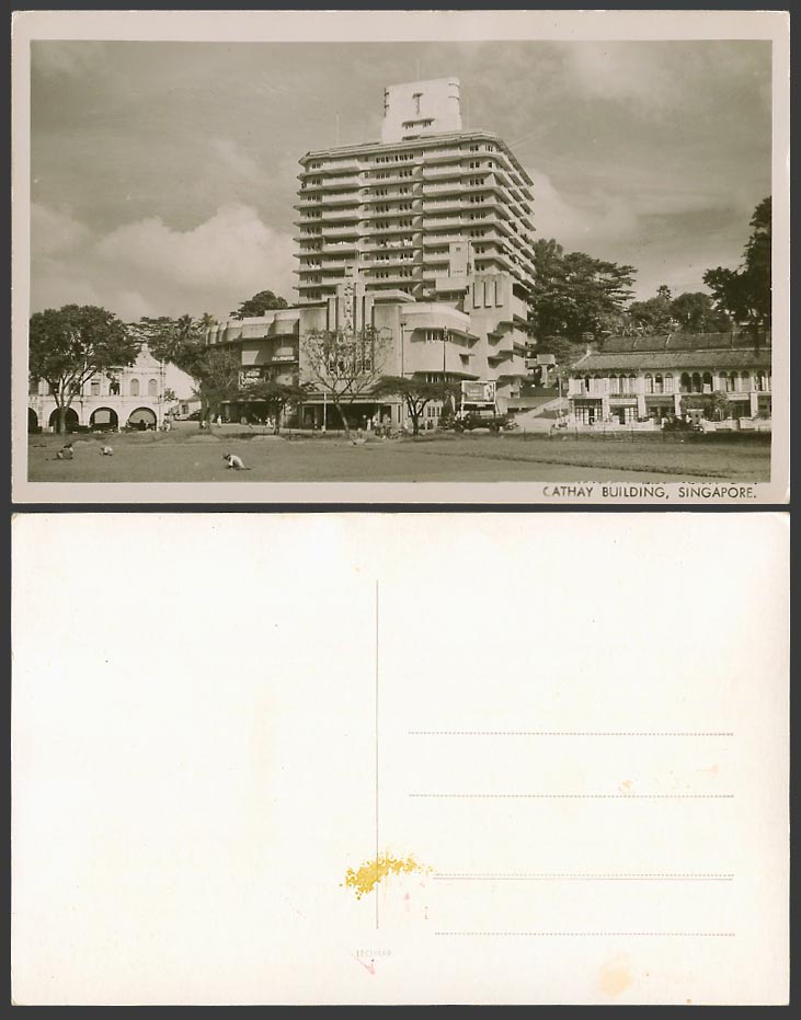 Singapore Old Real Photo Postcard Cathay Building, Street Scene, ABC Bar, Malaya