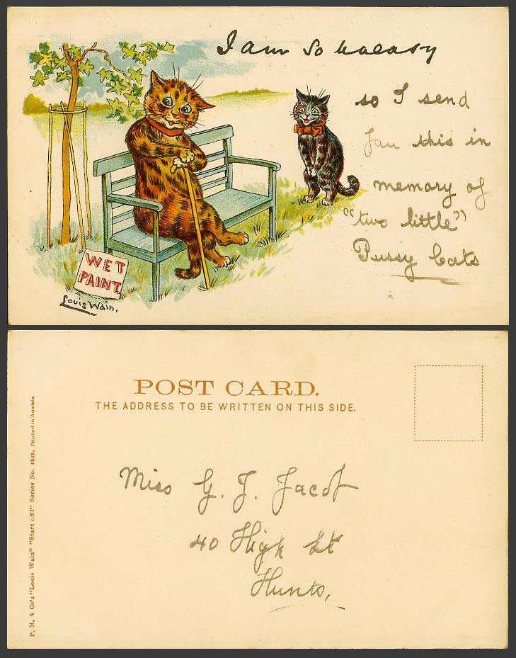 LOUIS WAIN Artist Signed Cat Wet Paint I am so Uneasy Write Away Old UB Postcard