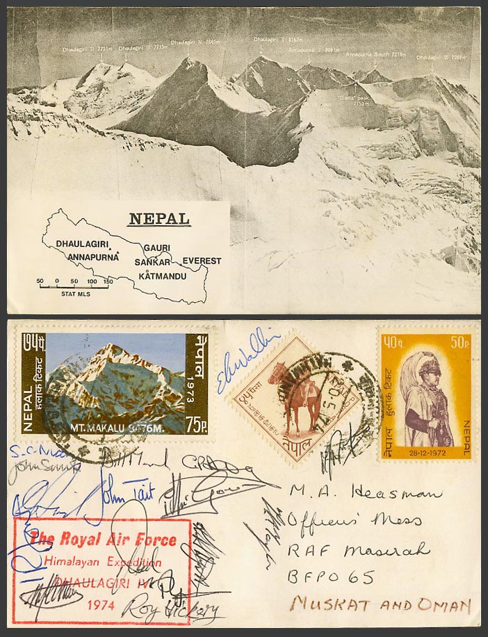 Nepal MAP Royal Air Force Dhaulagiri Himalaya Expedition Signature 1974 Postcard