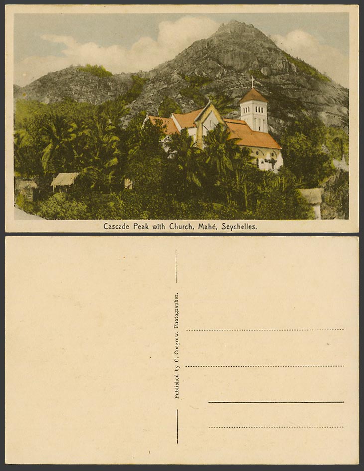Seychelles Old Colour Postcard Mahé Mahe Cascade Peak with Church Cross Mountain