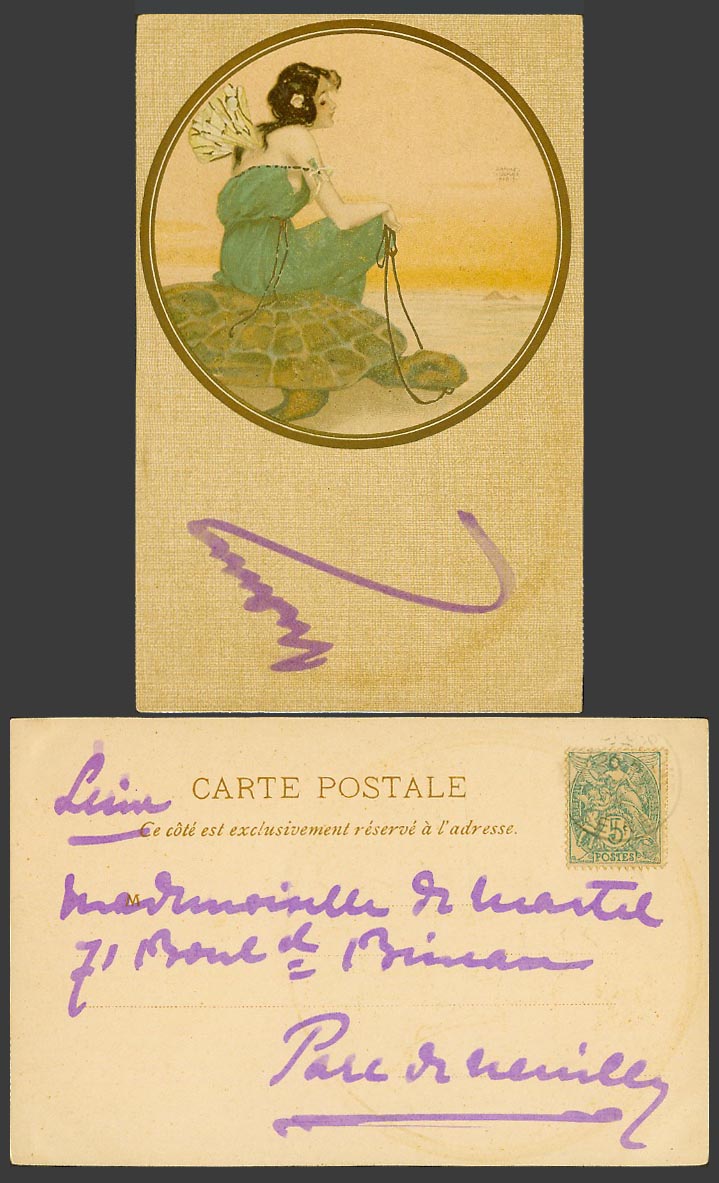 Raphael Kirchner Paris 1904 Old Postcard Glamour Lady Woman Girl Fairy on Turtle
