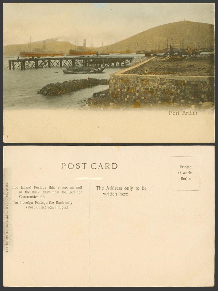 China Old Hand Tinted Postcard PORT ARTHUR Pier Steam Ship Steamer Boats Harbour