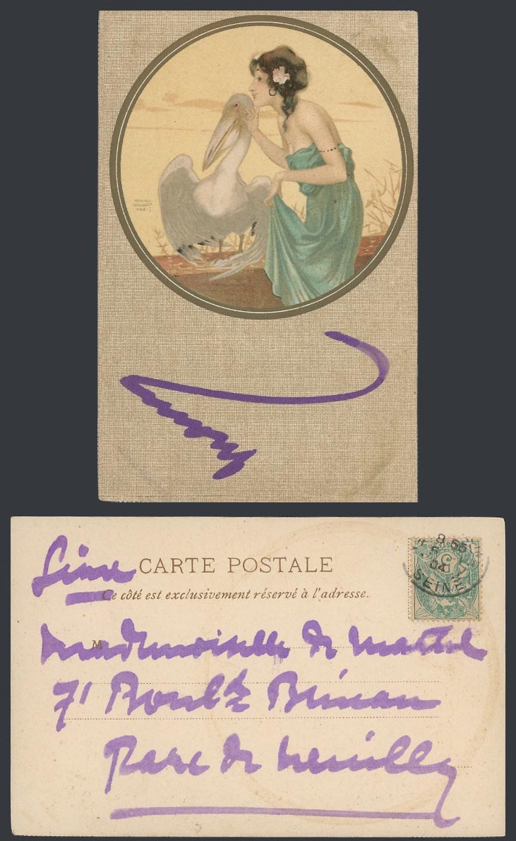 Raphael Kirchner, Paris 1904 Old Postcard Glamour Lady Woman Girl & Pelican Bird