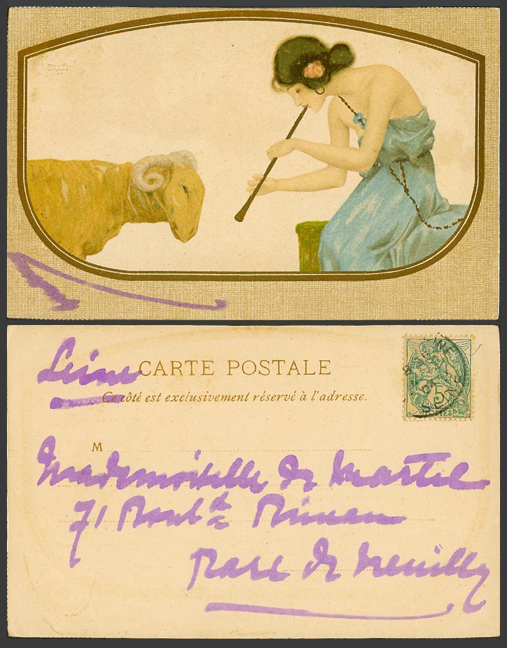 Raphael Kirchner Paris 1904 Old Postcard Glamour Lady Woman Girl, RAM Sheep Goat