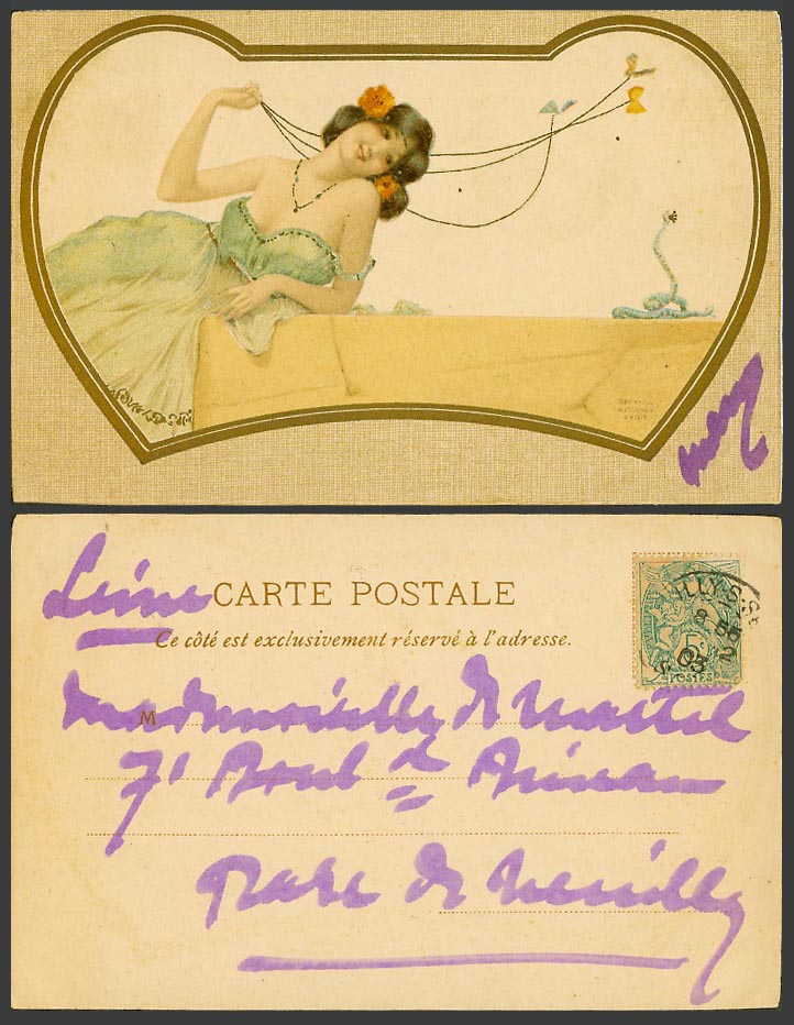 Raphael Kirchner Paris 1903 Old Postcard Glamour Lady Woman Girl Butterly, Snake