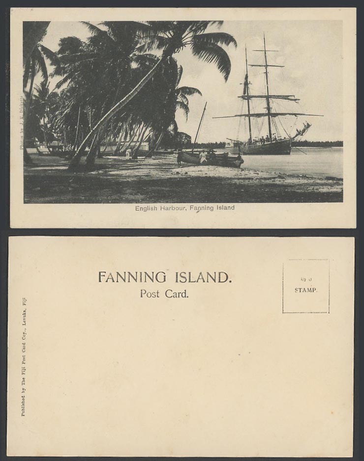 Fanning Island Kiribati Old Postcard English Harbour Boats Ship Beach Palm Trees