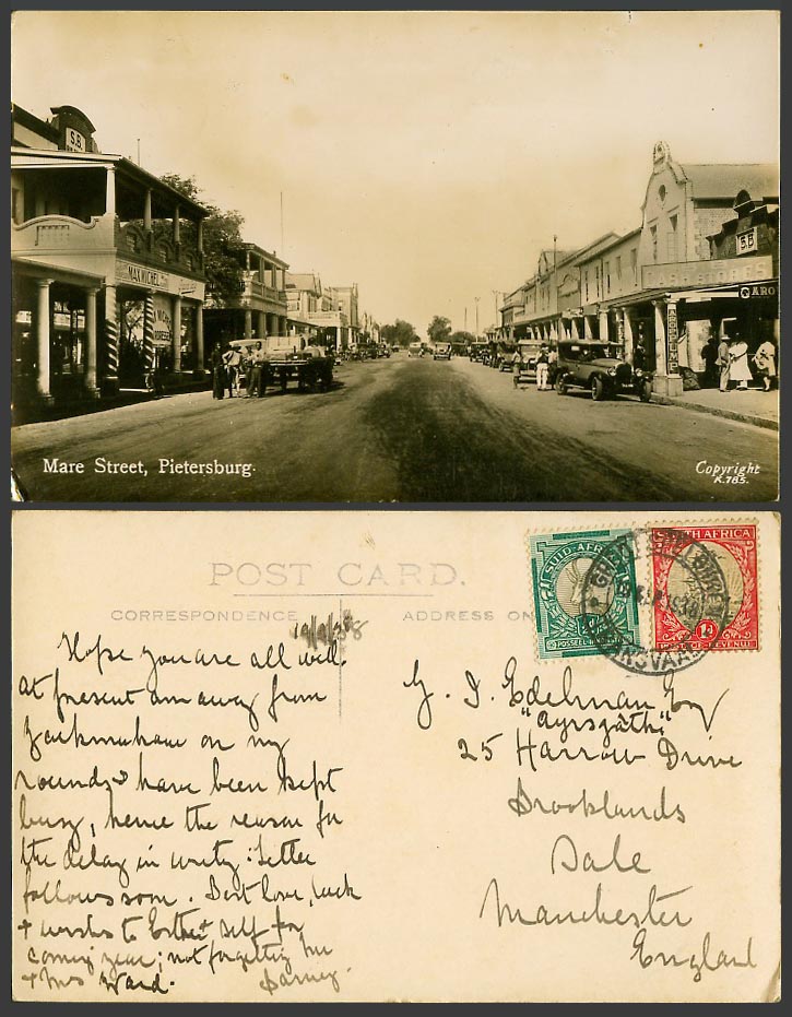 South Africa 1938 Old R Photo Postcard Pietersburg Mare Street Scene Cash Stores