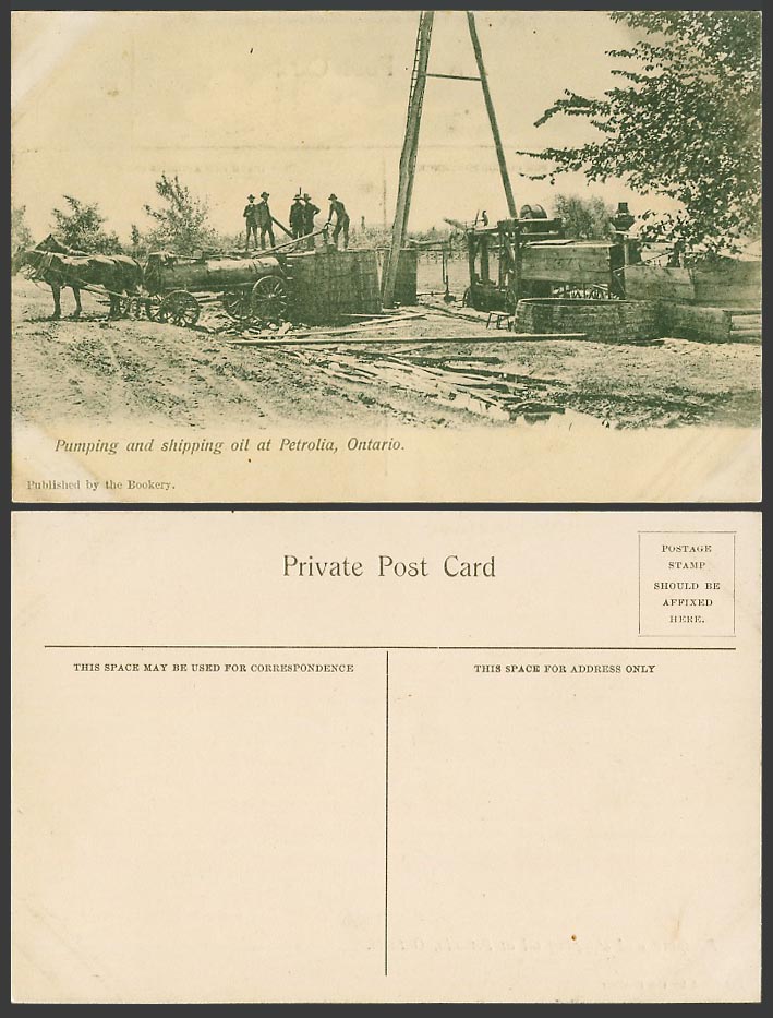 Canada Old Postcard Pumping & Shipping Oil at Petrolia Ontario Horse Cart Worker