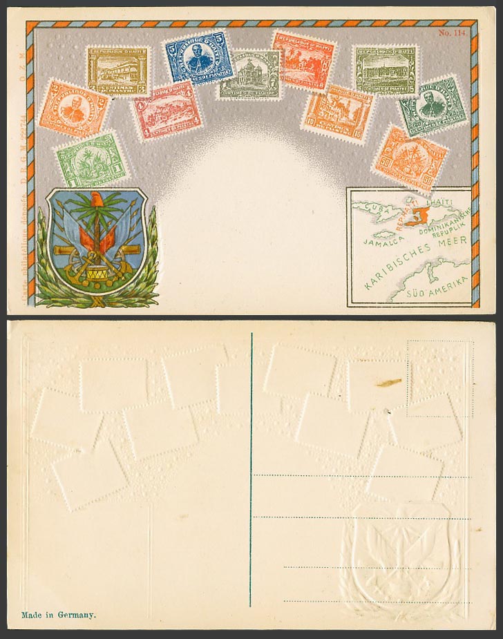 HAITI, Vintage Stamps Illustration, Map & Coat of Arms Stamp Card Old Postcard
