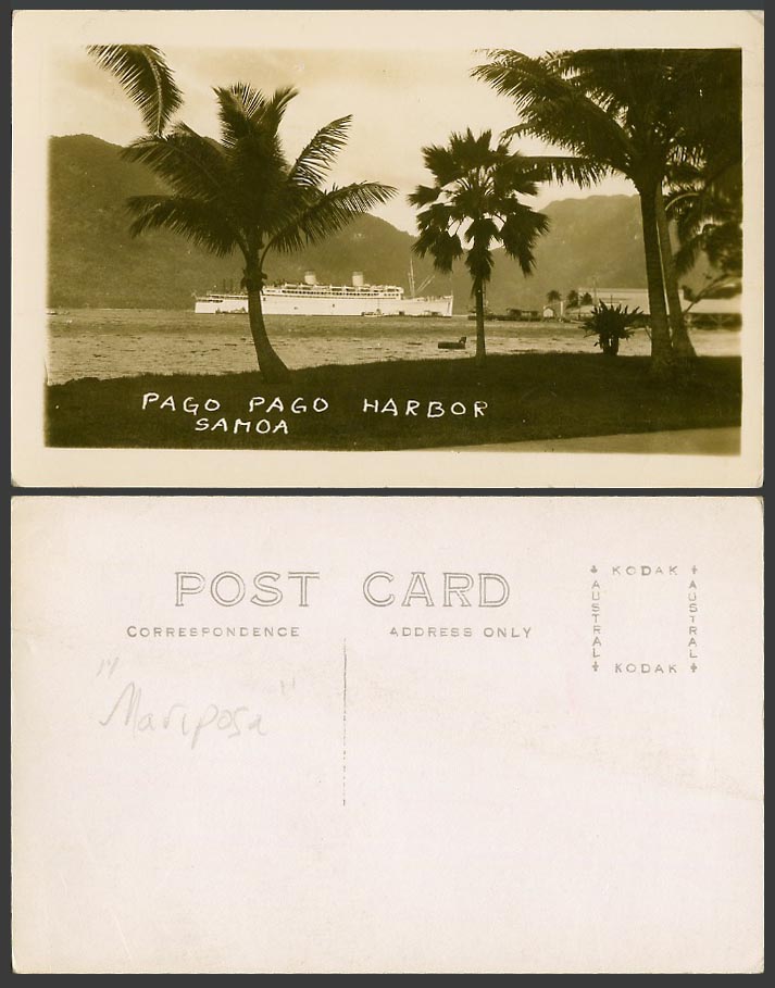 Samoa Old Real Photo Postcard PAGO PAGO Harbor Harbour Mariposa Steam Ship Liner