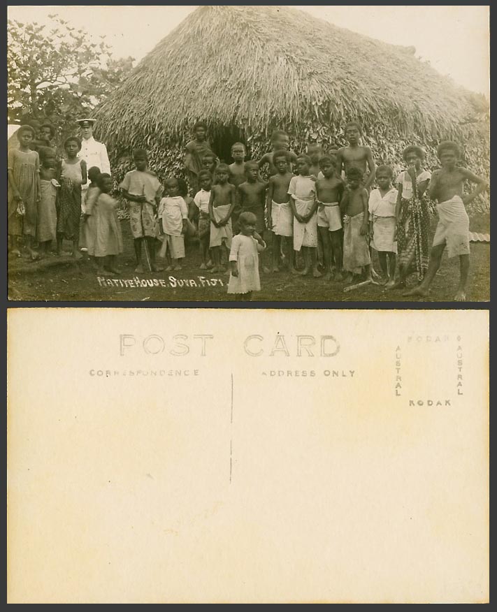 Fiji Fijian Old Real Photo Postcard Suva Native House, Woman Children Boys Girls