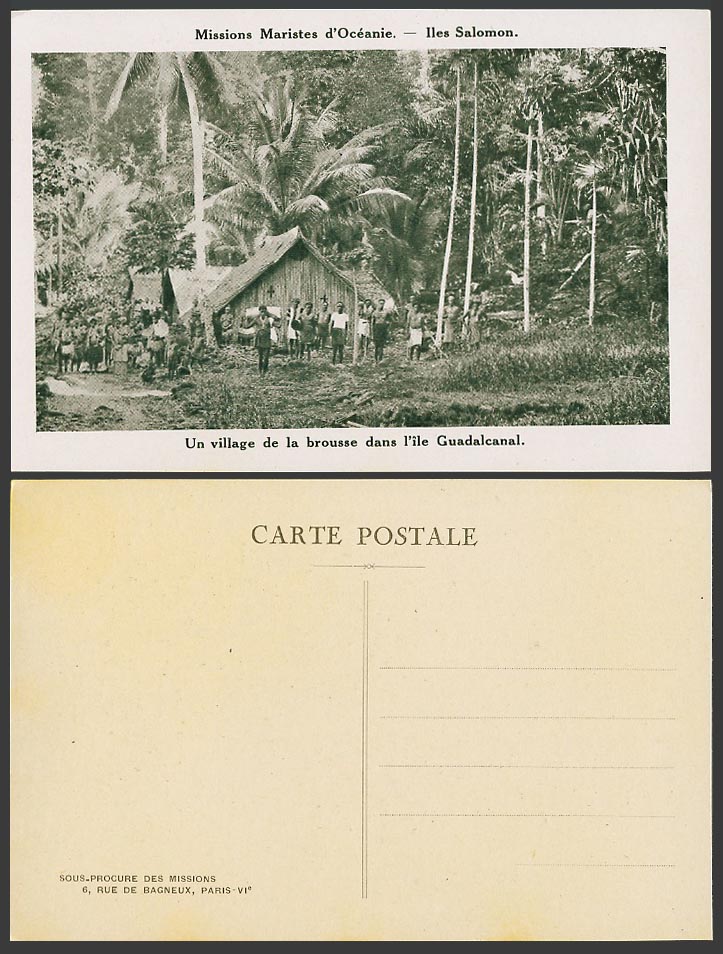 Solomon Islands Old Postcard A Bush Village on Guadalcanal Island Natives Houses