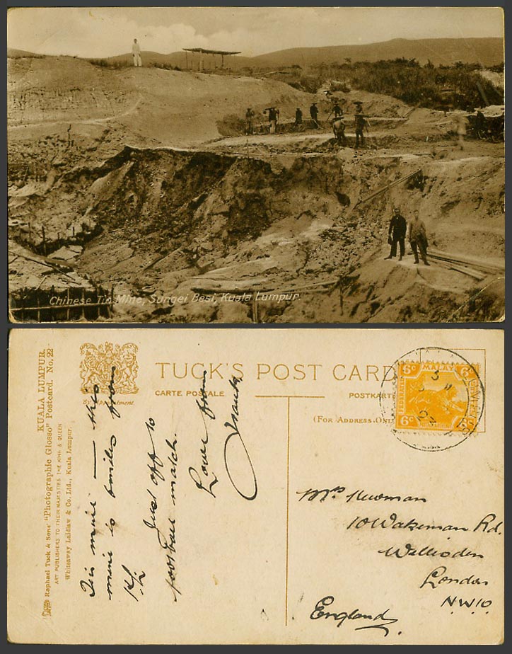 Kuala Lumpur Chinese Tin Mine Sungei Besi Miners FMS 6c 1923 Old Tuck's Postcard
