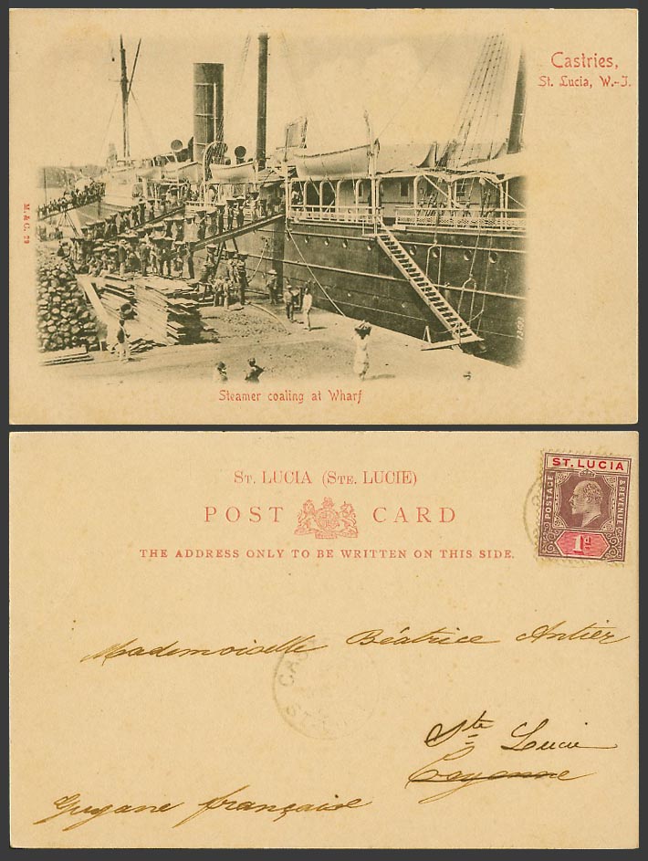 Saint St. Lucia KE7 1d Old UB Postcard Castries WI Steamer Coaling at Wharf SHIP