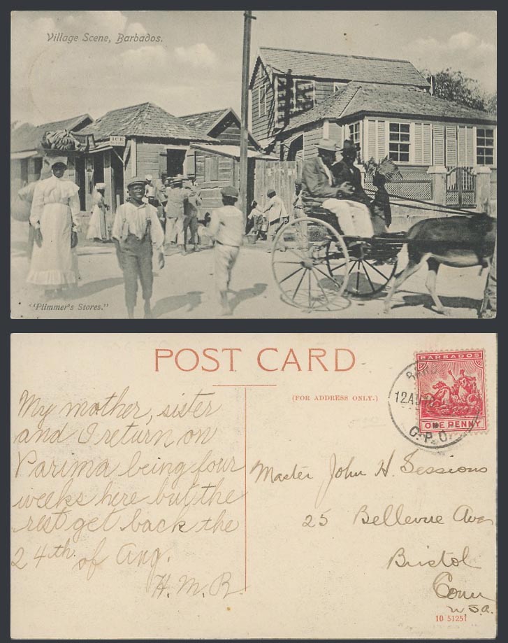 Barbados Old Postcard Village Scene, Ice Sold Here Plimmer's Stores, Women & Boy