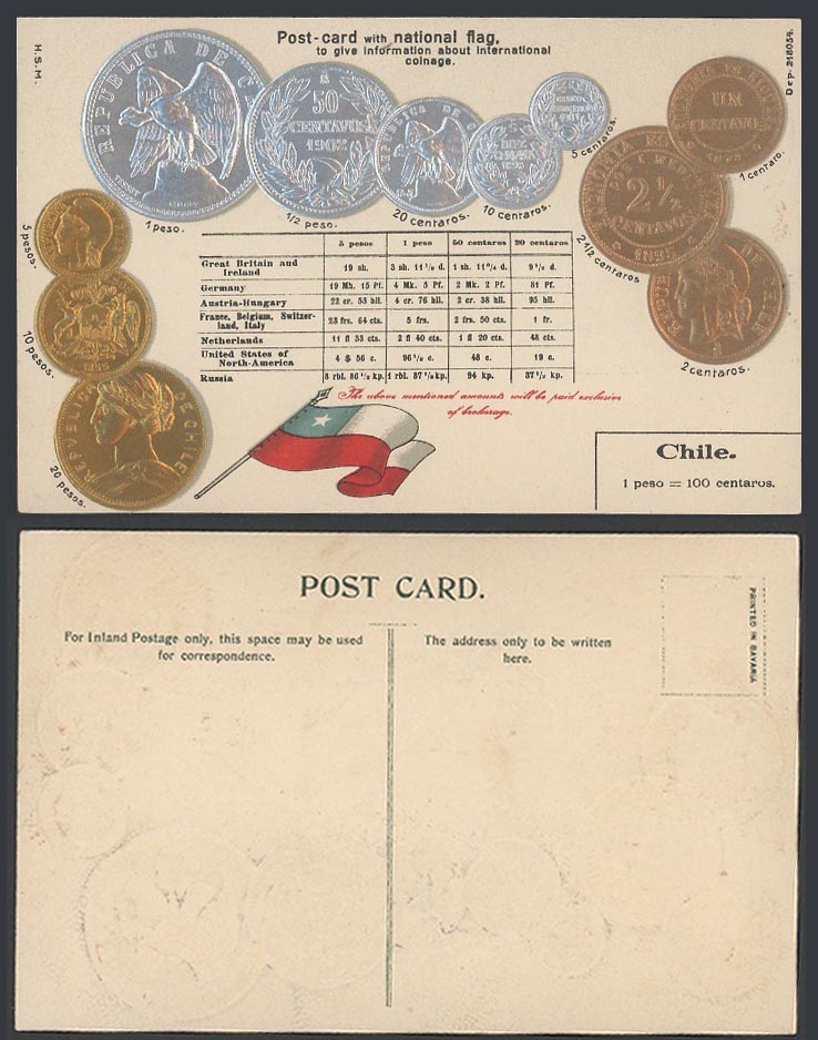 Chile National Flag & Vintage Coins Illustration Coin Card Old Embossed Postcard
