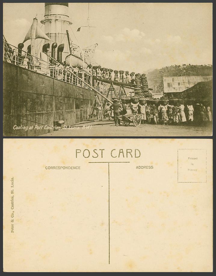 Saint St. Lucia Old Postcard Coaling at Port Castries Harbour Ship, Coal Workers