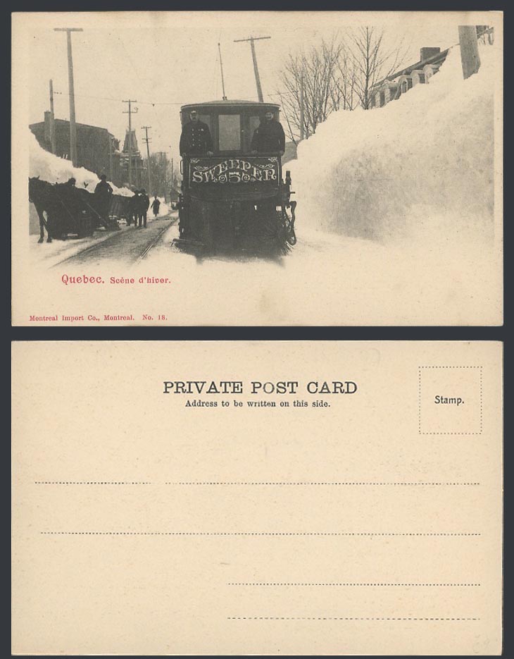 Canada Old Postcard Quebec Winter Scene d'Hiver Snow Sweeper 5 TRAM Snowy Street