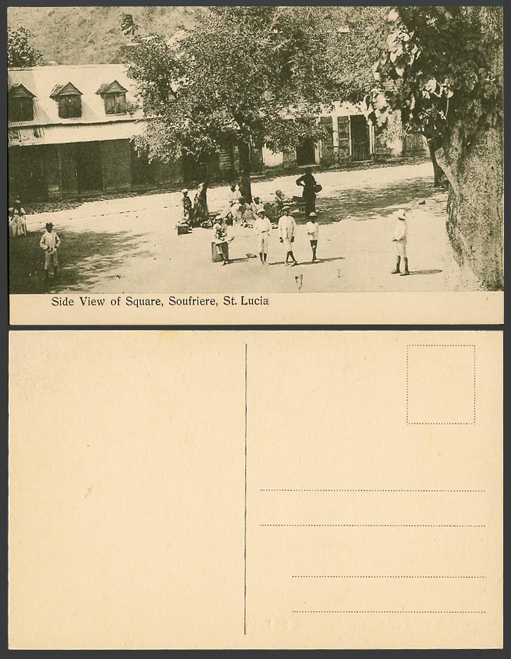 Saint St. Lucia Old Postcard Side View of Square Soufriere Street Scene, Natives