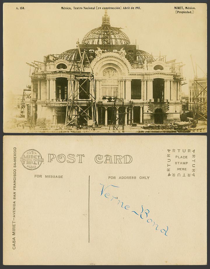 Mexico, Teatro Nacional Theatre Under Construction 1911 Old Real Photo Postcard