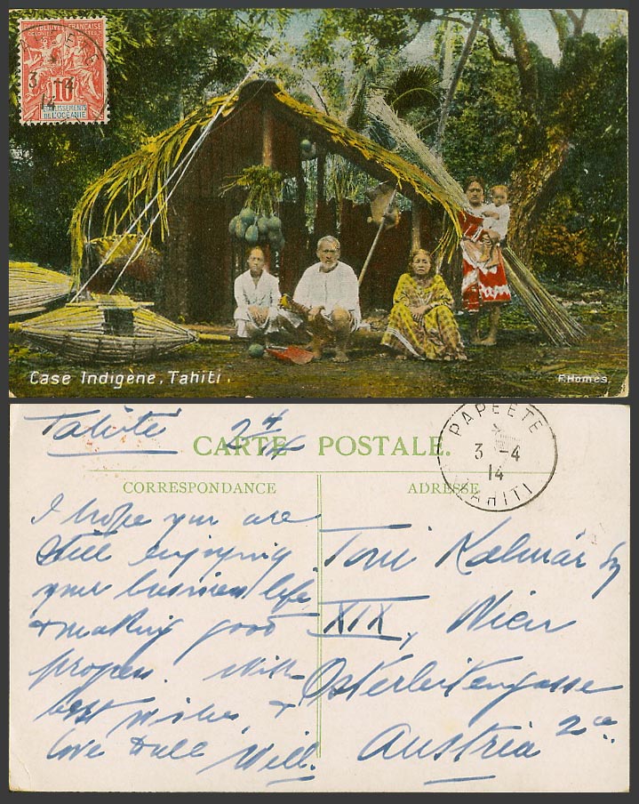 Tahiti 10c Papeete 1914 Old Postcard Case Indigene, Native Man Women Baby & Hut