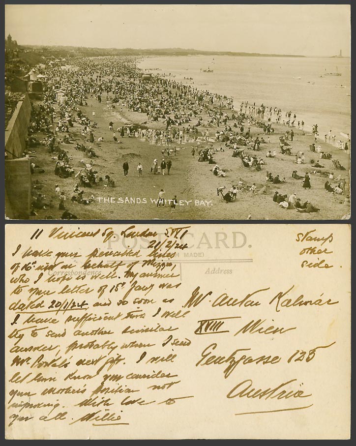 Whitley Bay 1924 Old Real Photo Postcard The Sands Beach Seaside, Northumberland