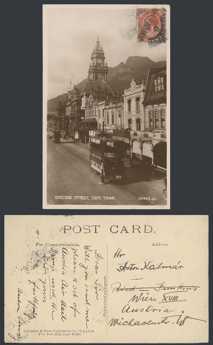 South Africa KG5 1 1/2d 1920 Old Postcard Darling Street Scene, Cape Town, TRAM
