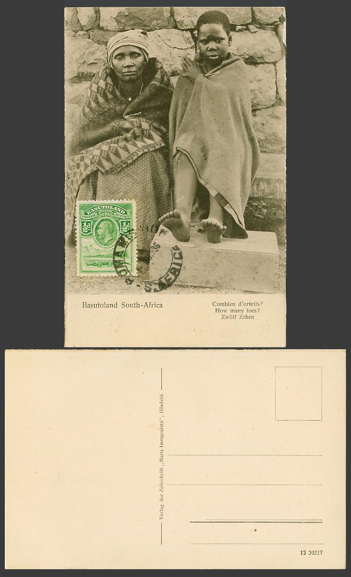 South Africa Basutoland KG5 1/2d 1936 Old Postcard Native Woman Boy with 12 Toes