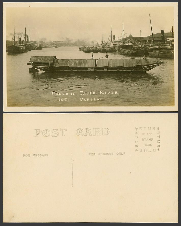Philippines Old Real Photo Postcard Manila, Casco Freighter in Pasig River Scene
