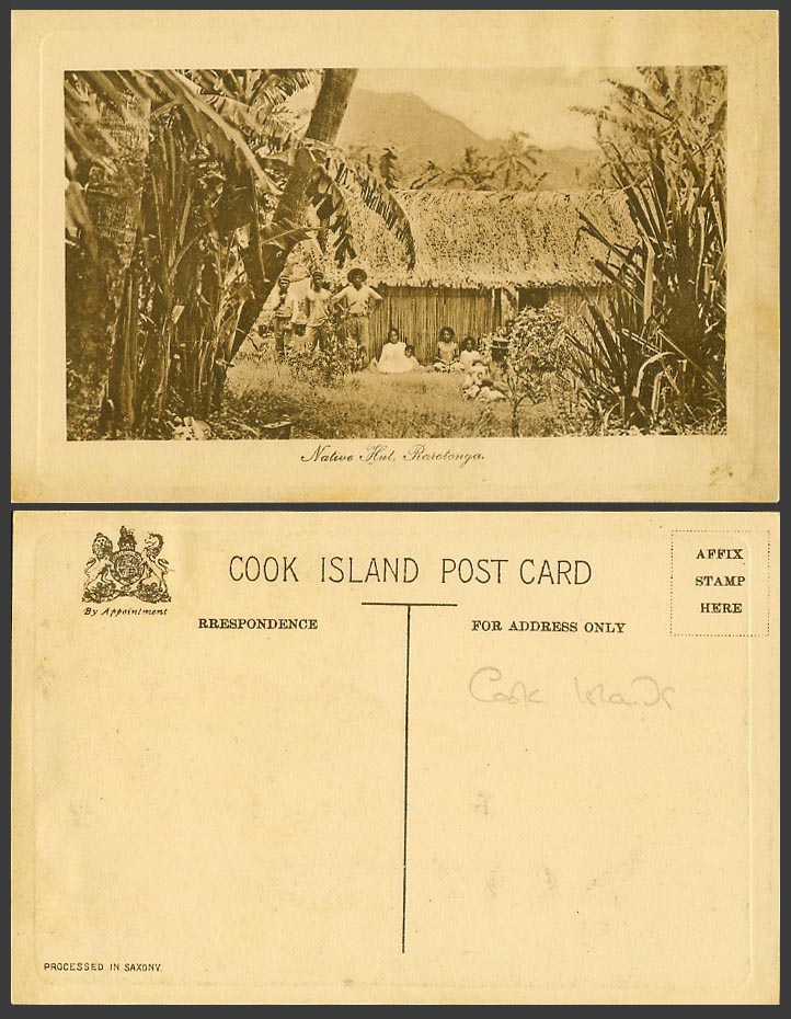 Cook Islands, Rarotonga Island Old Postcard Native Hut, House Men Women Children