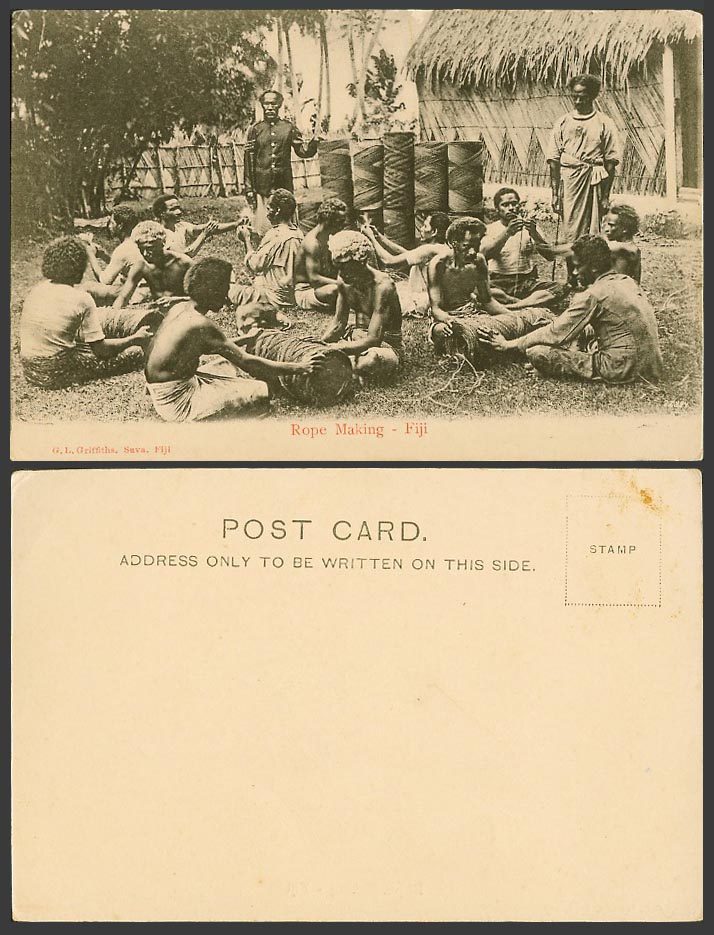 Fiji Old UB Postcard Rope Making Ropes, Native Men Workers at Work, Hut House