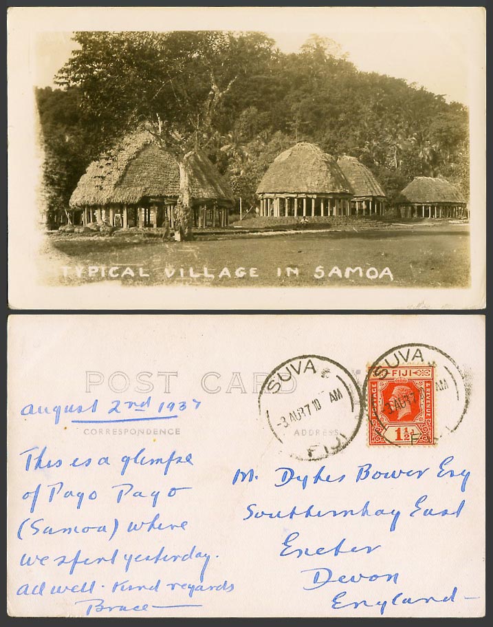 Samoa Fiji KG5 1 1/2d 1937 Old Real Photo Postcard Typical Village Native Houses