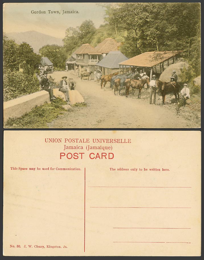 Jamaica Old Hand Tinted Postcard Gordon Town, Street Scene, Horse Horses B.W.I.