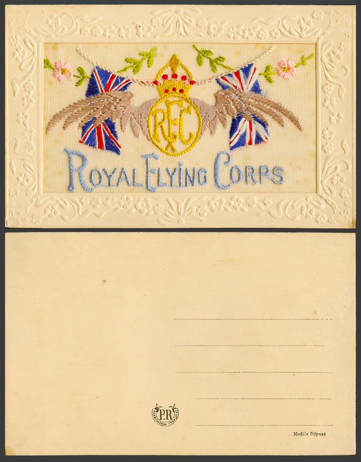 WW1 SILK Embroidered Old Postcard RFC Royal Flying Corps British Flag Crown P.R.