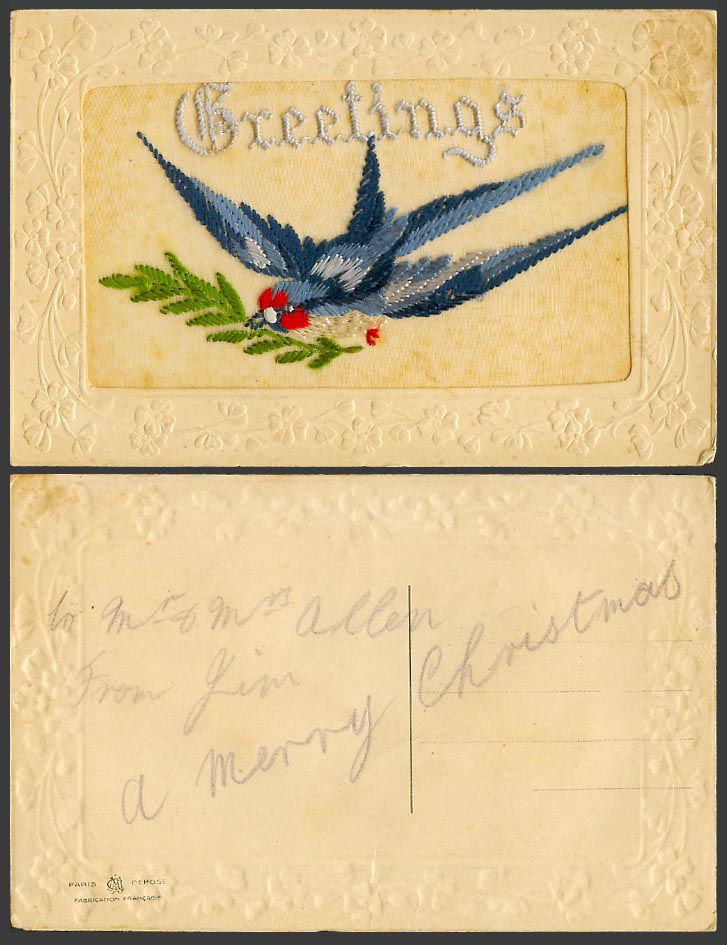 WW1 SILK Embroidered French Old Postcard Greetings, Blue White Red Bird, Novelty