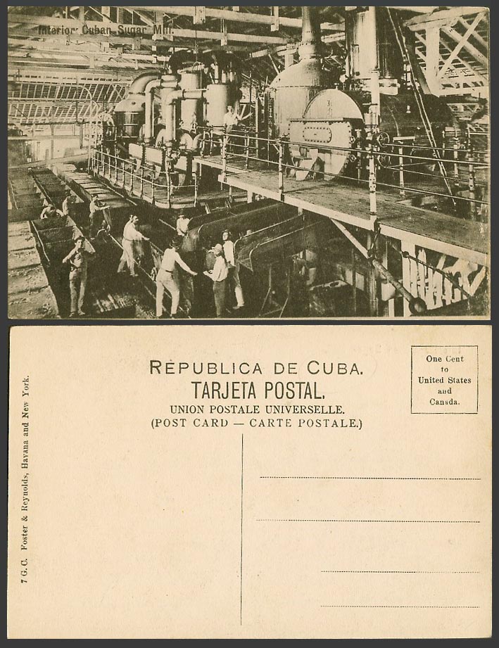 Cuba Old Postcard Interior of Cuban Sugar Mill Machinery, Native Workers at Work