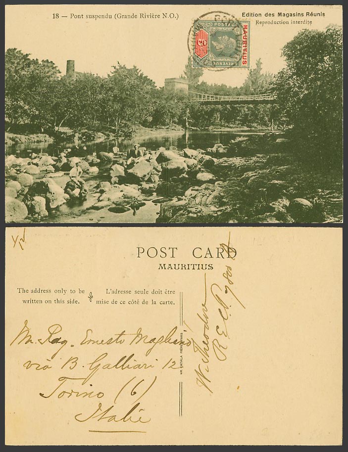 Mauritius 5c 1923 Old Postcard Pont Suspendu Suspension Bridge Grande Riviere NO