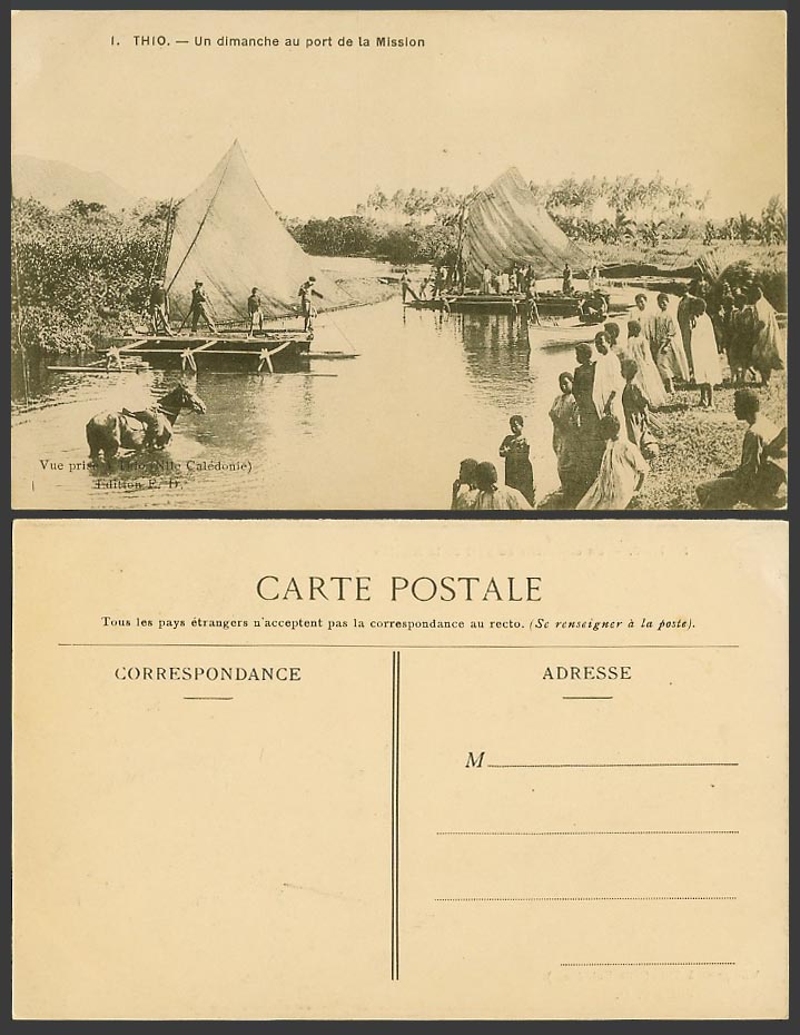 New Caledonia Old Postcard Thio Sunday at Mission Port Sailing Boats Horse River