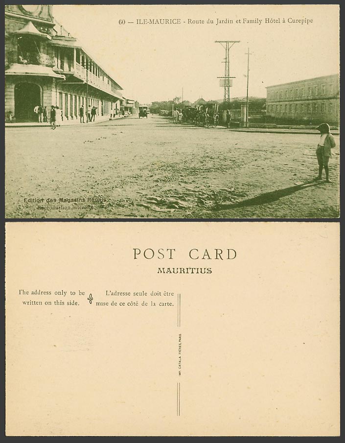 Mauritius Old Postcard Route du Jardin Family Hotel Curepipe, Street Scene Carts