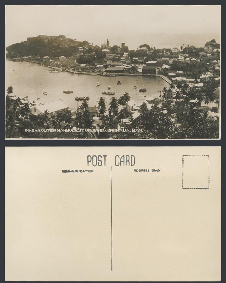 Grenada Old Real Photo Postcard St. Georges Inner and Outer Harbours Boats B.W.I